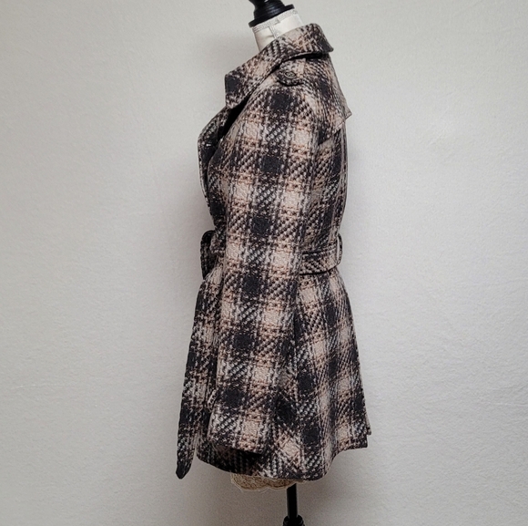 DKNY Retro Y2K Brown Plaid Tweed Double Breasted Belted Midi Peacoat Trench Coat - Picture 6 of 13